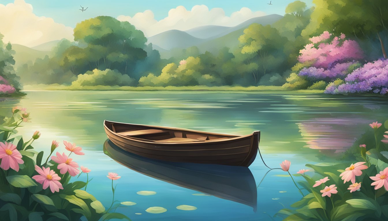 A serene lake surrounded by lush greenery, with a small boat adorned with flowers floating in the center. The water is calm and reflects the peaceful atmosphere