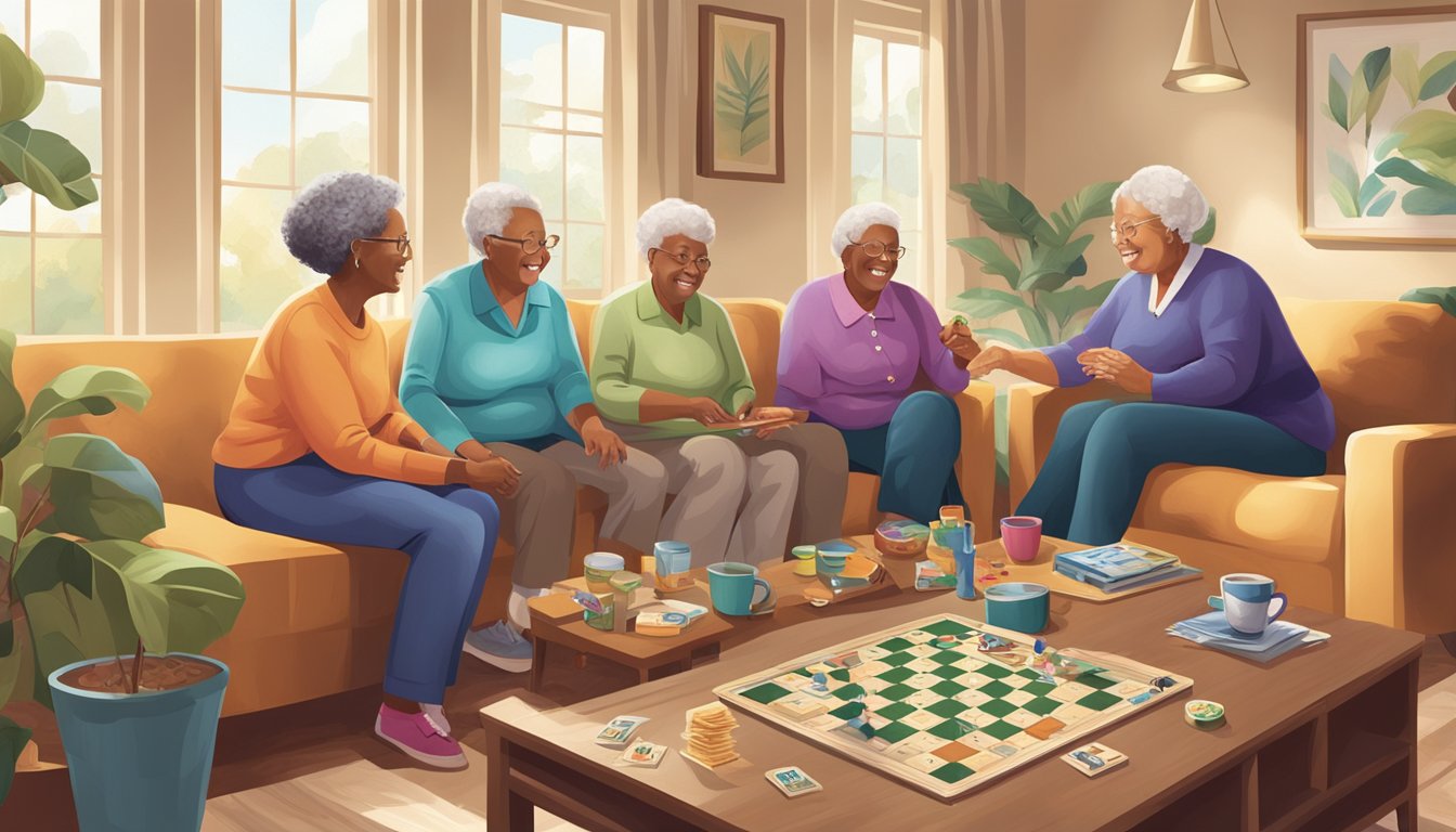 A group of home care clients engage in cognitive activities, such as puzzles and board games, while socializing and interacting with each other in a comfortable living room setting