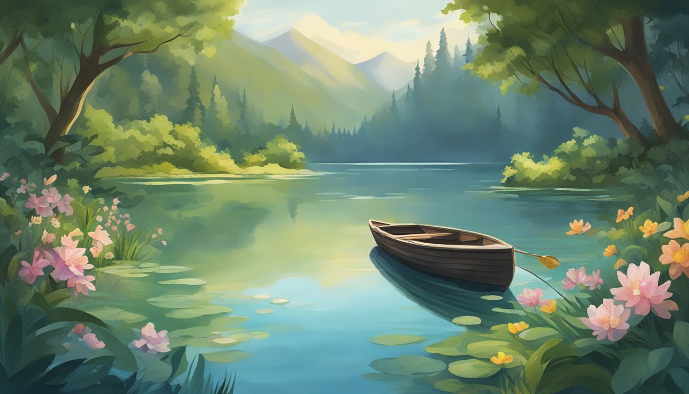 A serene lake surrounded by lush greenery, with a small boat gently releasing a floral wreath onto the water's surface