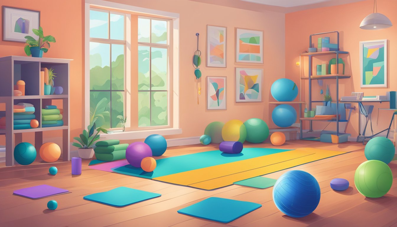 A colorful room with a variety of physical activities such as yoga mats, resistance bands, and exercise balls. A puzzle and memory game sit on a table