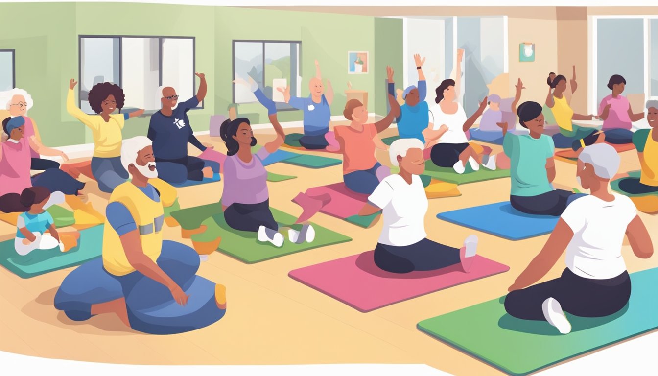 A group of volunteers leads a seated exercise class for limited mobility home care clients in a community center, with colorful mats and equipment spread out on the floor