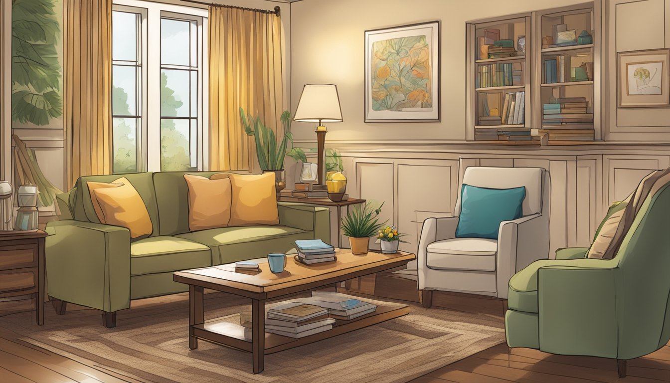 A cozy living room with a table set for memory and attention activities, including puzzles, books, and memory games. Soft lighting and comfortable seating create a welcoming atmosphere for home care clients