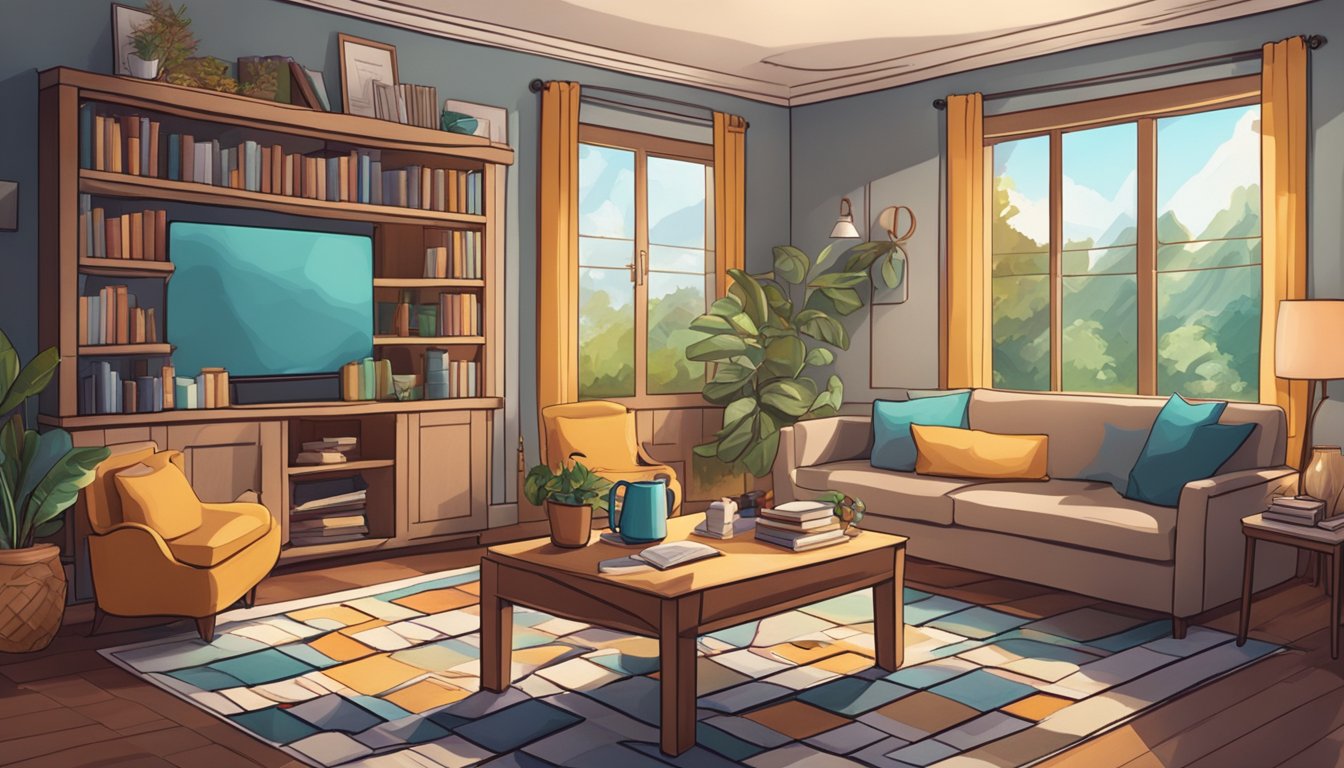 A cozy living room with puzzles, books, and board games spread out on a coffee table, while soft music plays in the background