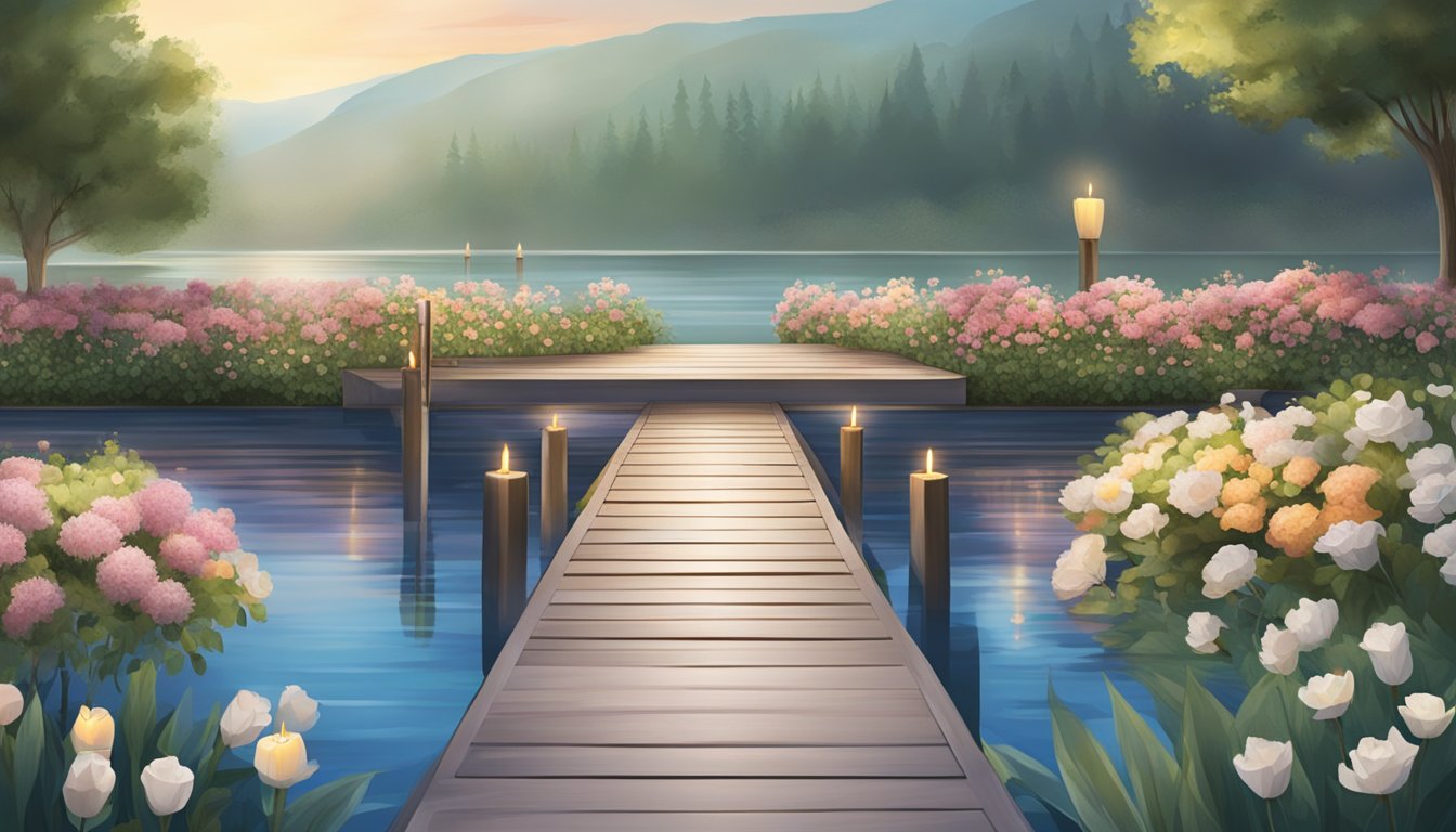 A serene waterfront setting with a ramp leading into the water. A platform floats in the calm water, adorned with flowers and candles. The surrounding area is accessible with smooth paths and seating for all participants