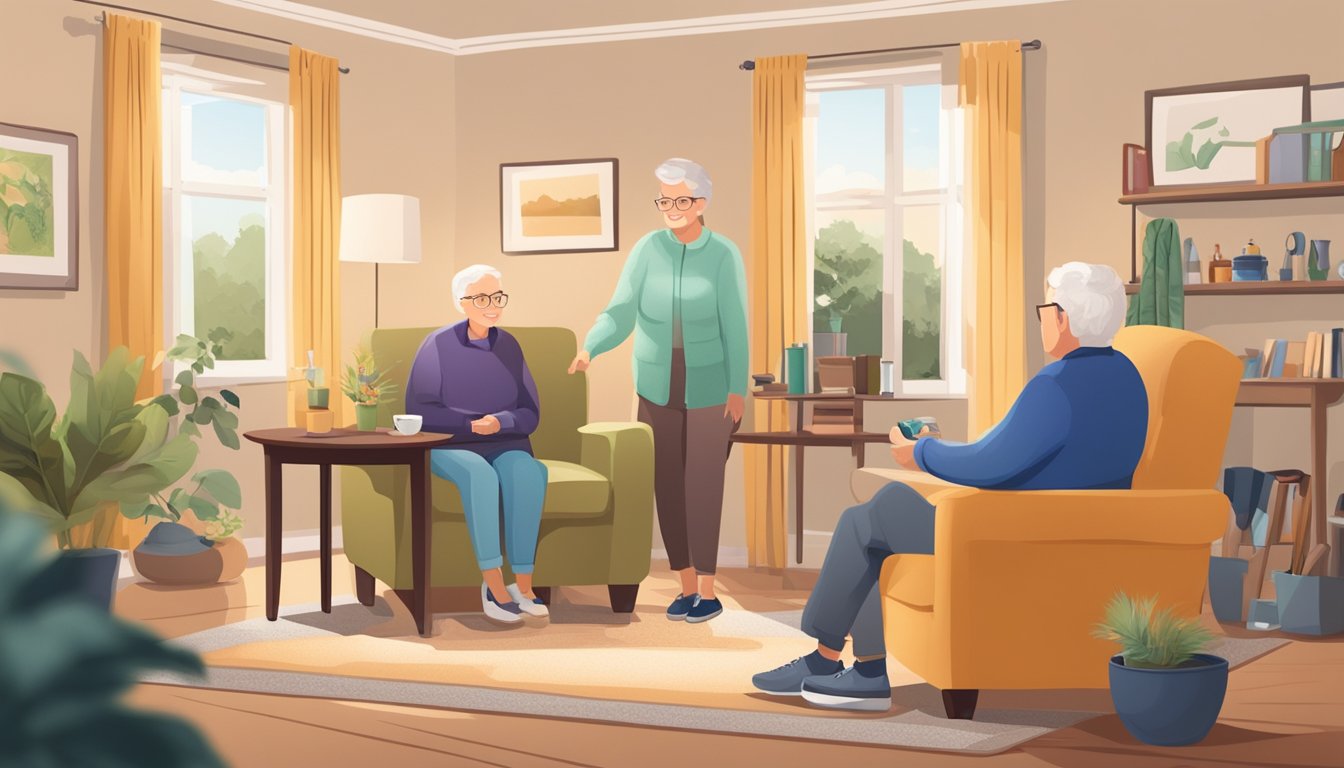 A cozy living room with a senior adult and a caregiver engaging in conversation, while a variety of hearing aids and assistive devices are displayed on a nearby table