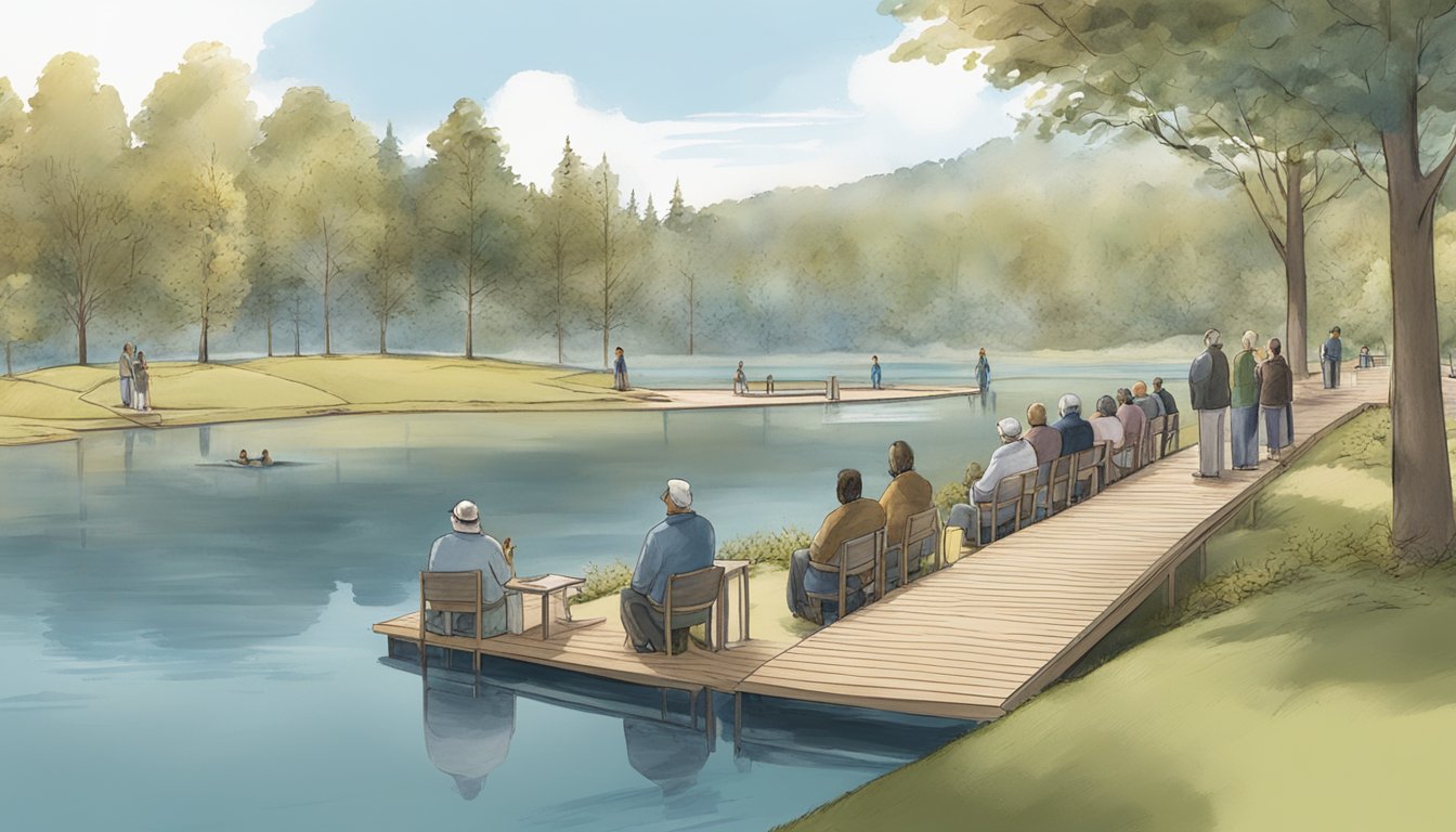 A serene lakeside setting with a gently sloping ramp leading into the water. A group of diverse individuals participate in a water burial ceremony, with accessible seating and support equipment nearby