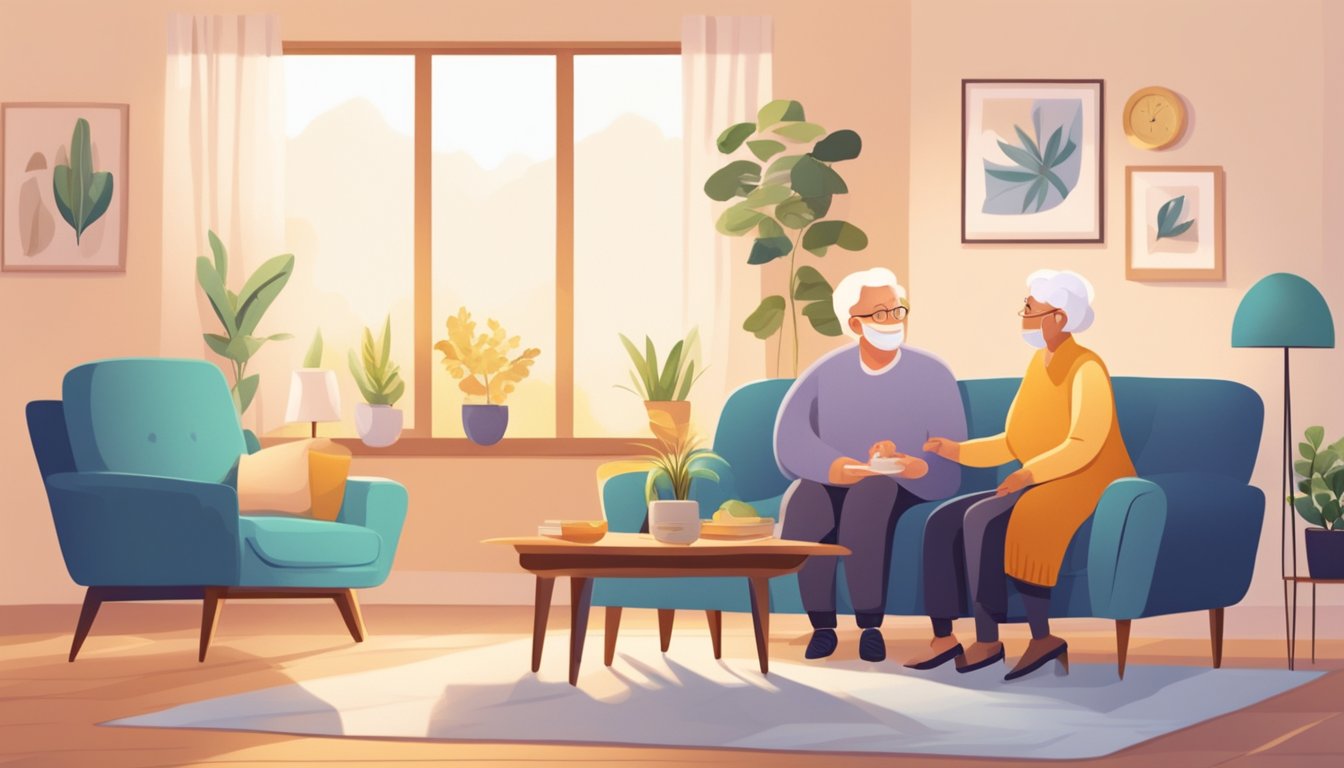 A cozy living room with soft lighting, comfortable furniture, and cheerful decor. A caregiver sits and chats with a smiling senior, offering support and companionship