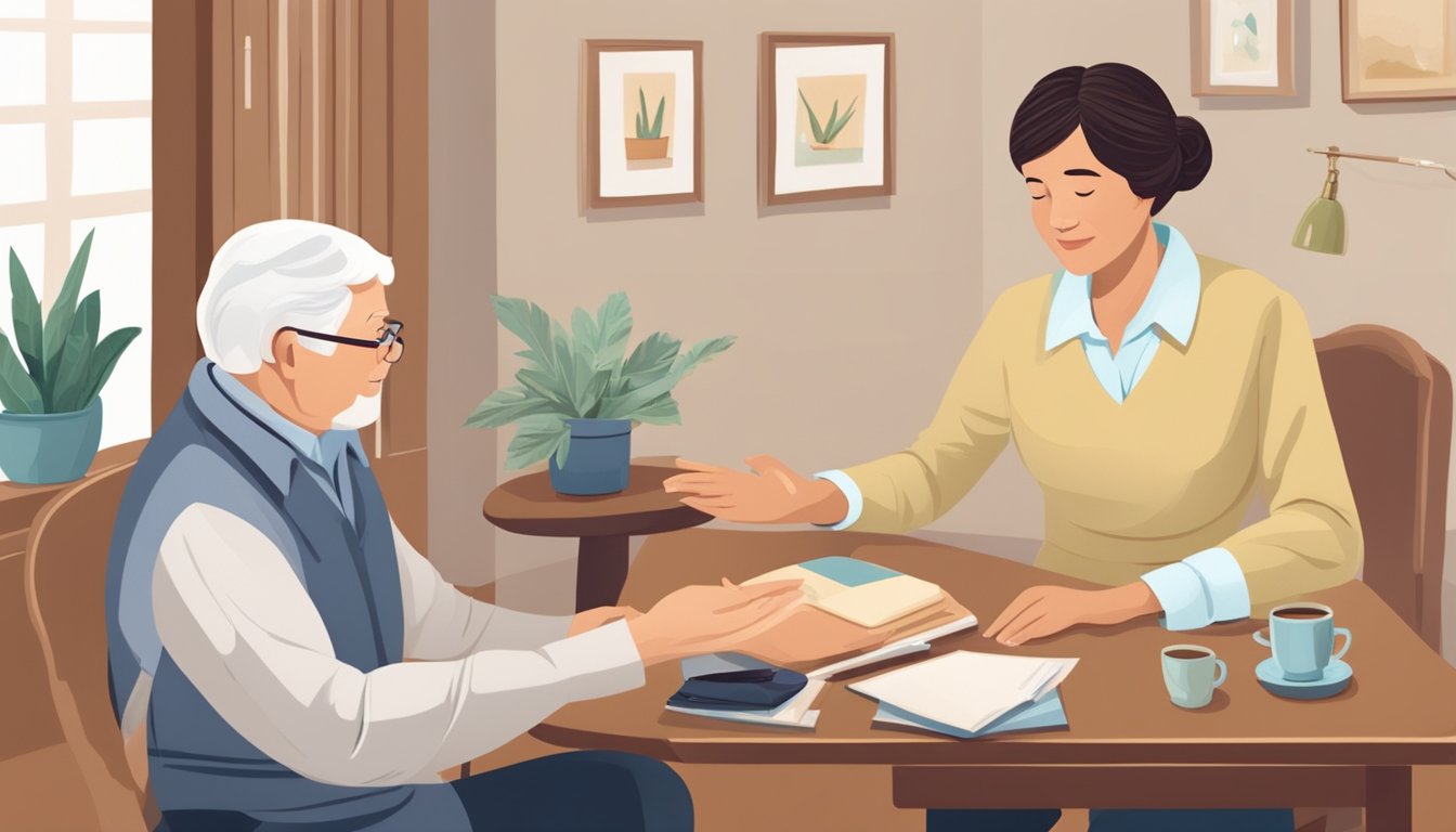 A home care worker uses sign language to communicate with a senior client, while a hearing aid sits on the bedside table