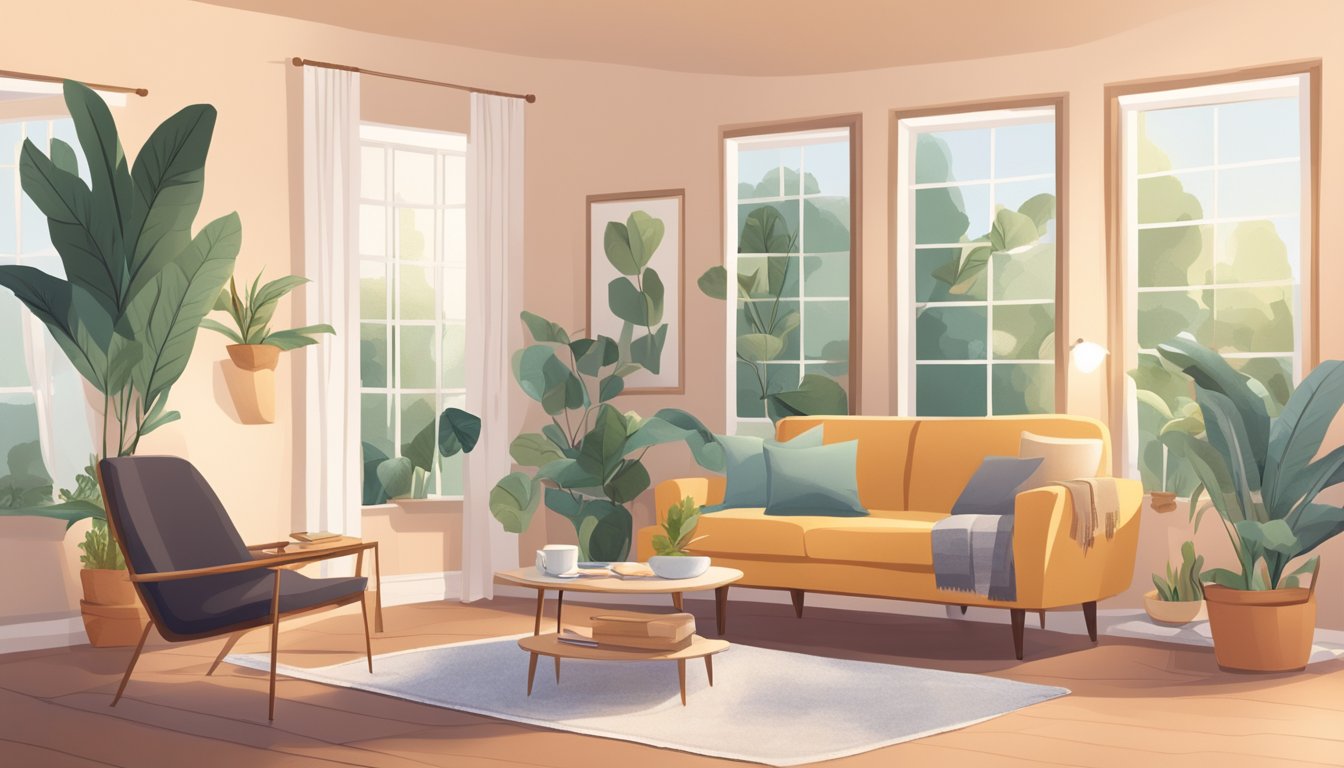 A cozy living room with soft lighting, a comfortable armchair, and a warm cup of tea on a side table, surrounded by calming decor and plants