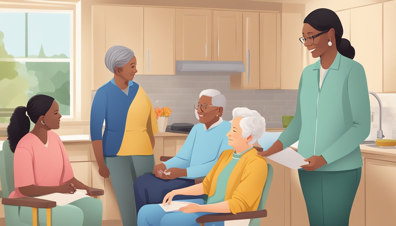 Caregivers in a home setting, learning about hearing health through training and education. Visual aids and interactive materials are used to facilitate learning