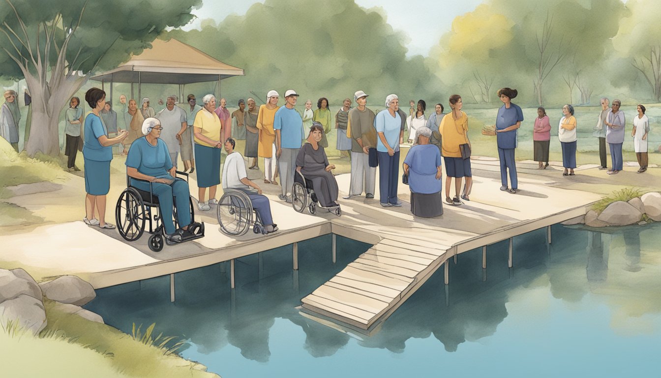 A group of differently-abled individuals gather around a serene water burial site, with accessible ramps and seating, as they discuss and design inclusive ceremonies