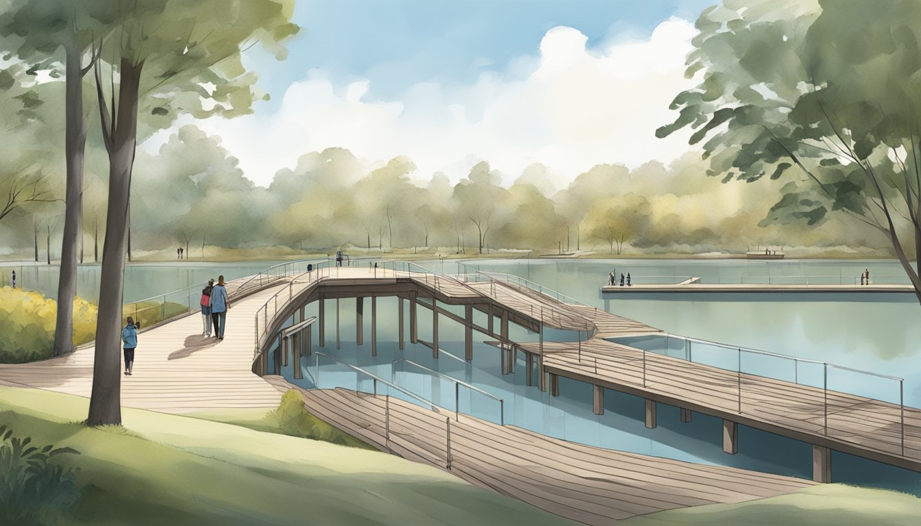 A serene waterfront location with accessible ramps and platforms for water burial ceremonies. The architecture seamlessly incorporates ramps, handrails, and wide pathways for differently-abled participants