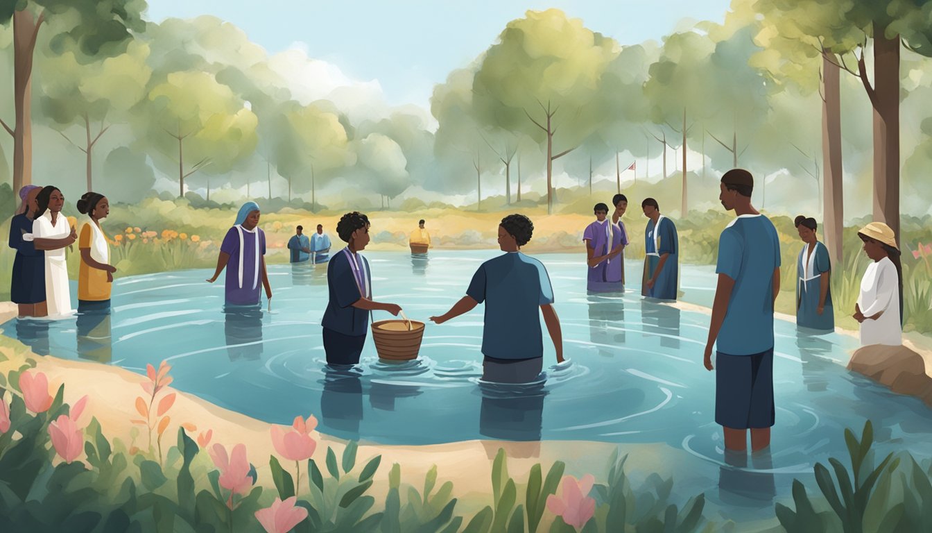 A group of people of various abilities participate in a water burial ceremony designed to be accessible for all. The scene is inclusive and welcoming, with everyone able to take part in the meaningful ceremony