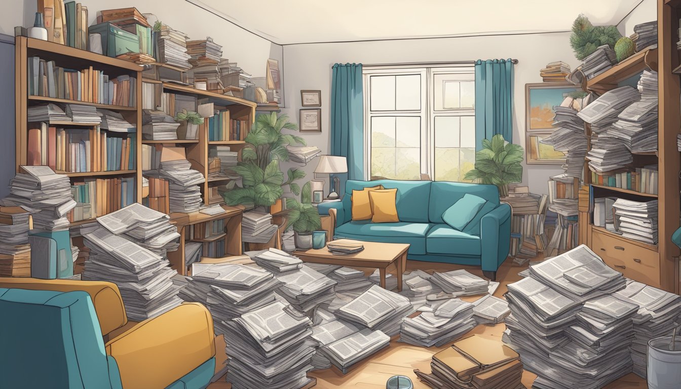 A cluttered and disorganized living room with piles of newspapers, books, and household items stacked haphazardly. A clear pathway is barely visible, and the space feels cramped and chaotic