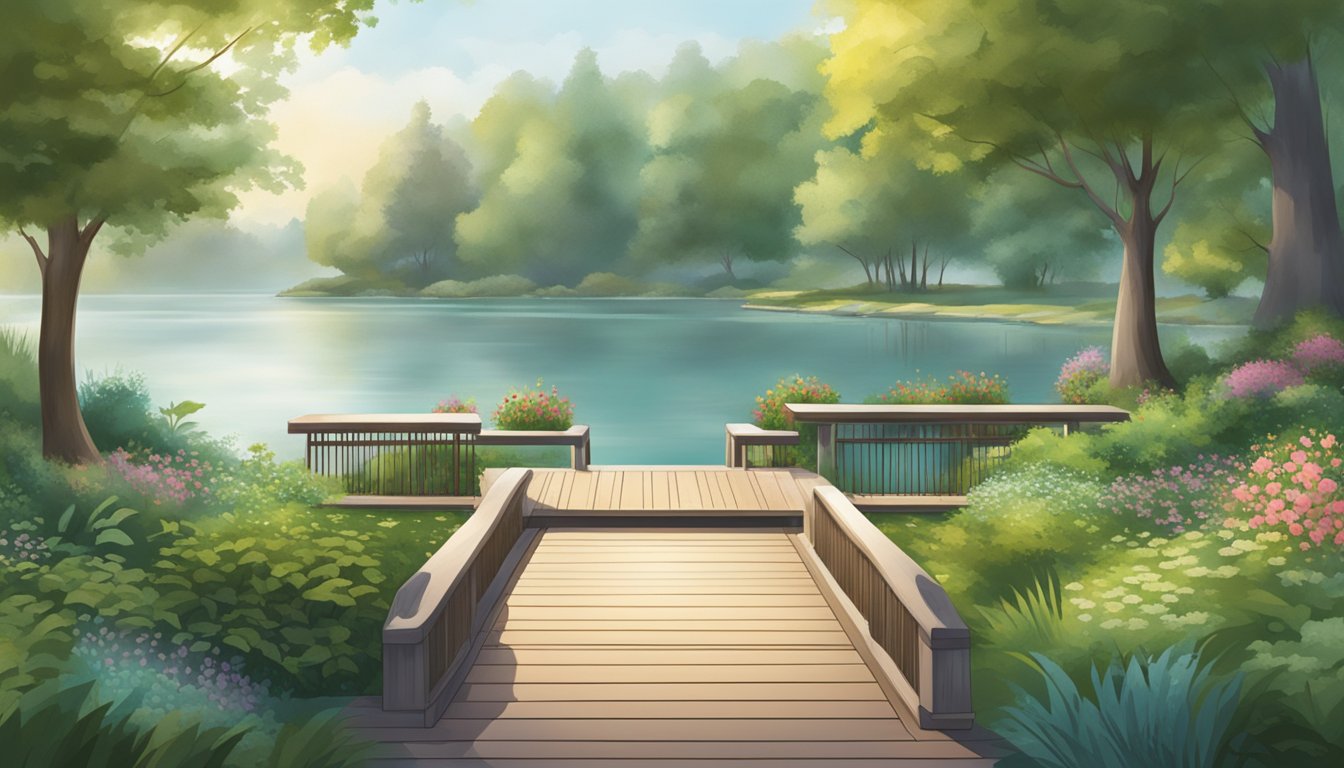 A serene lakeside setting with a gently sloping ramp leading into the water, surrounded by lush greenery and peaceful, accessible seating areas