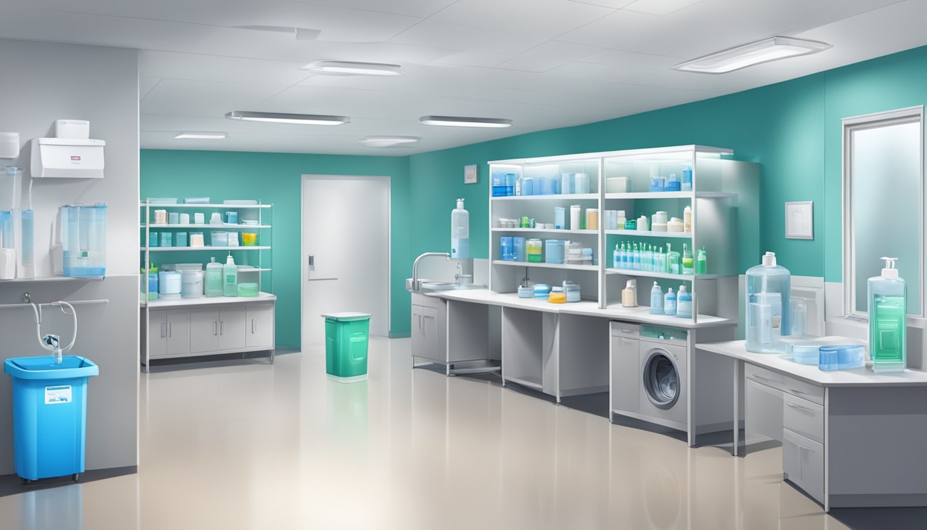 A home care setting with a clean and organized environment, including proper hand hygiene stations, disinfectant supplies, and clear signage for infection prevention