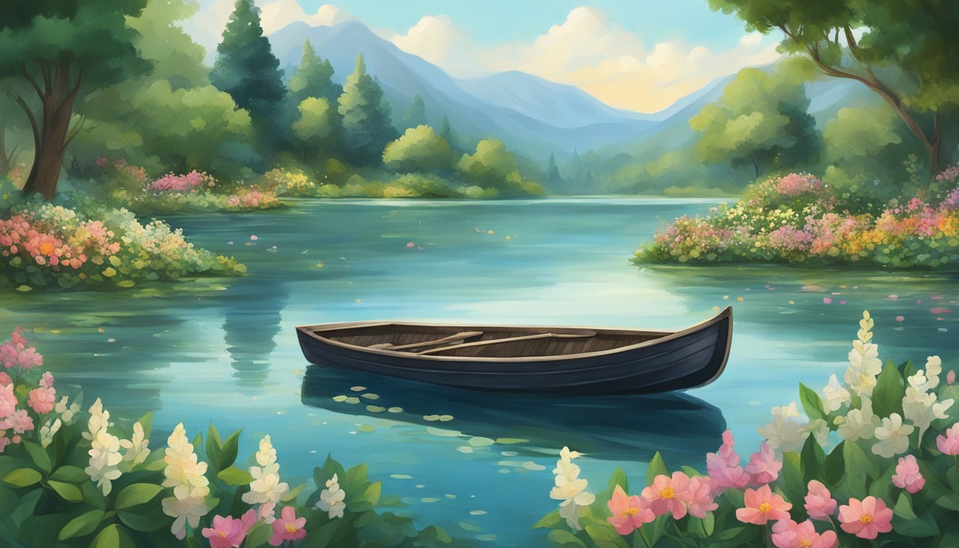 A serene lake surrounded by lush greenery, with a small boat adorned with flowers floating in the center, representing the historical practice of celebrity water burials