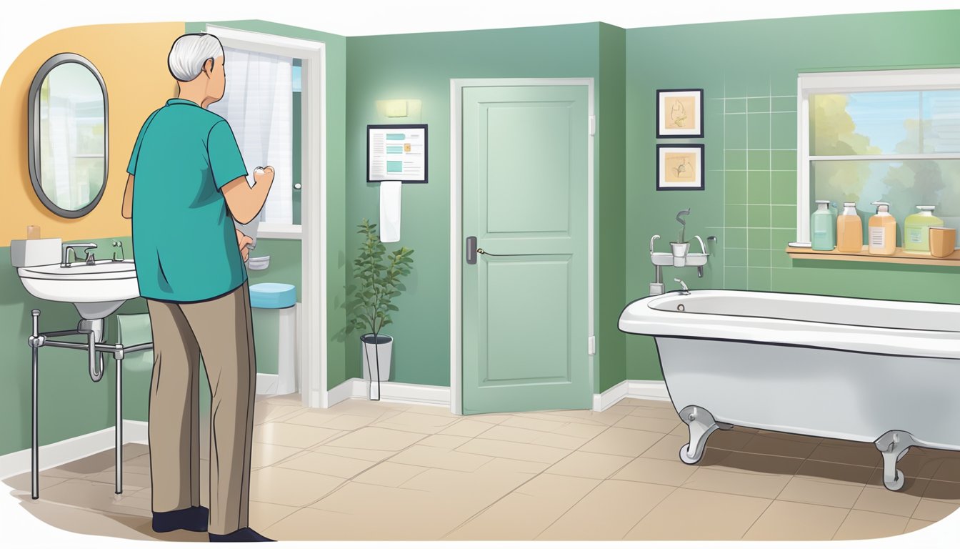 A home care setting with a clean and organized bathroom, a caregiver providing education on UTI prevention to a patient, and a chart with prevention strategies on the wall