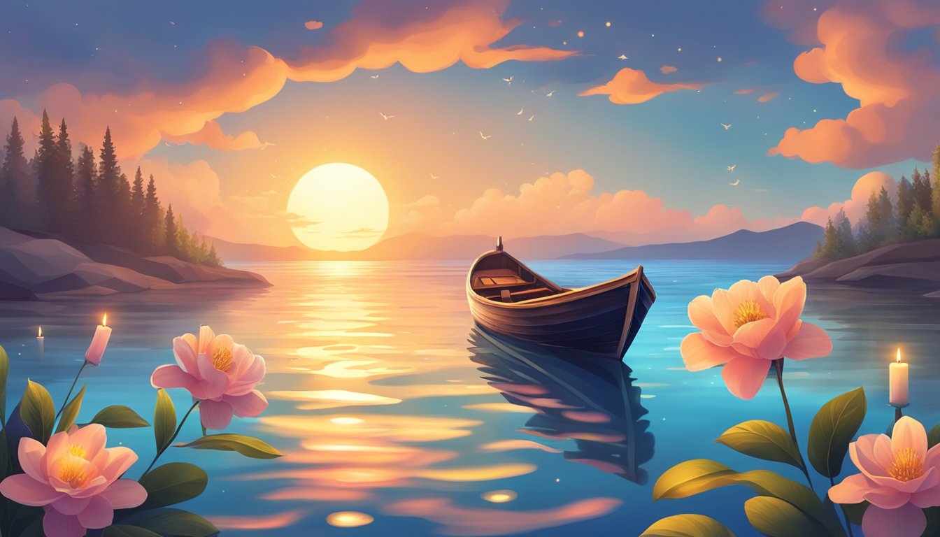 A serene ocean with a beautiful sunset, a lone boat floating on the water, and a scattering of flowers and candles adorning the surface