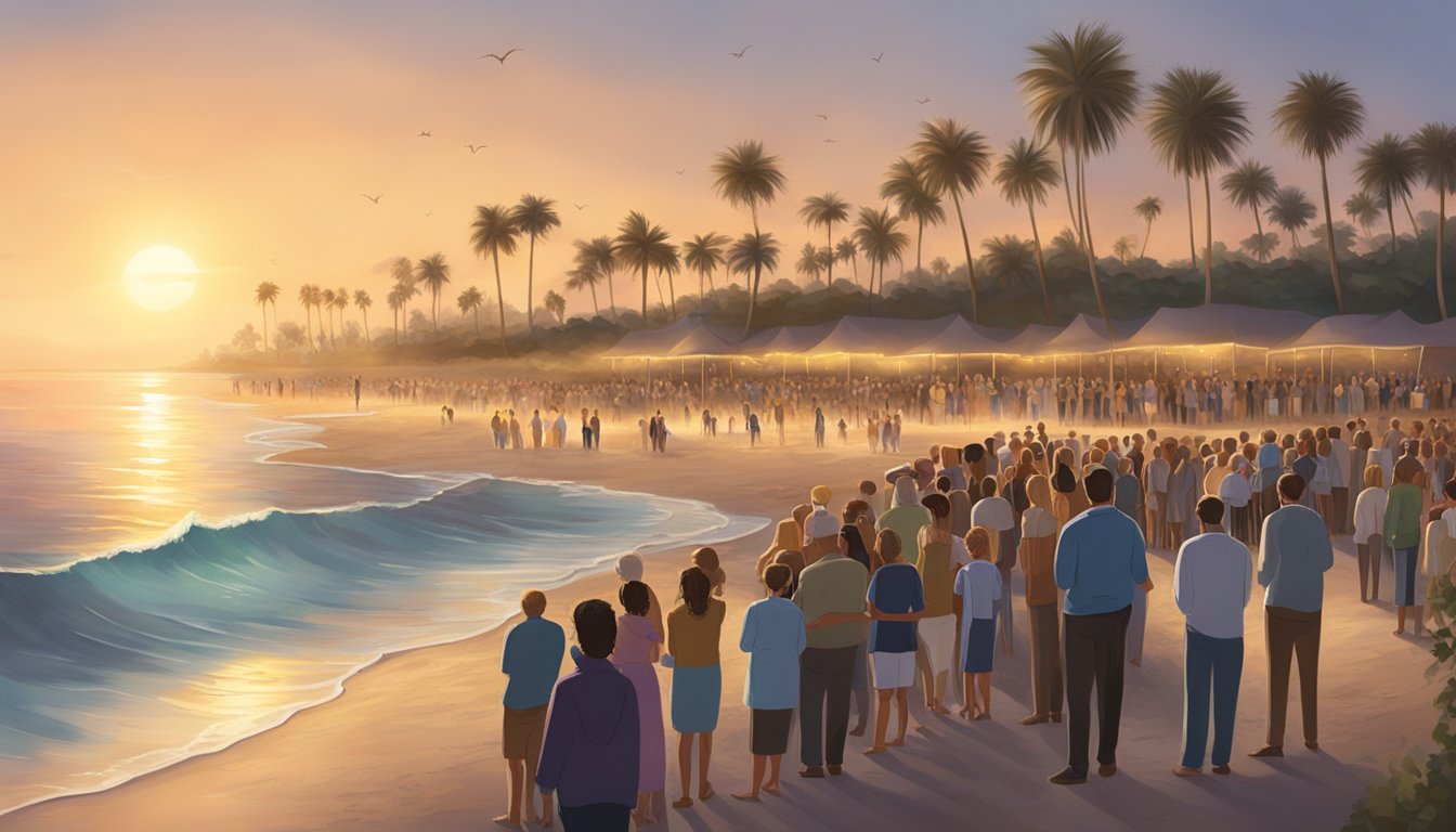 A crowd gathers at a serene beach, watching as a celebrity's ashes are scattered into the ocean. The water shimmers under the setting sun, creating a peaceful and contemplative atmosphere