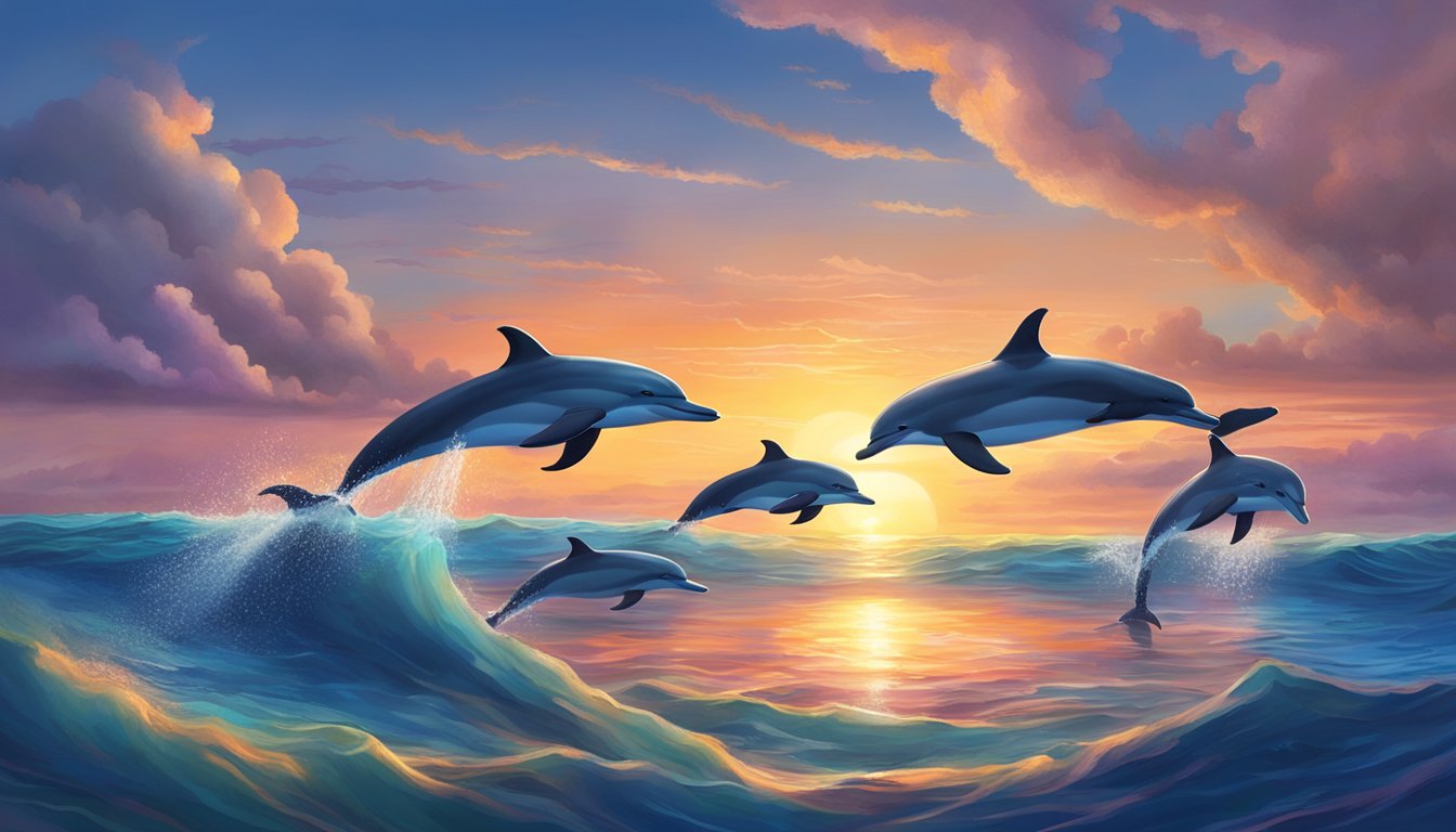 A serene ocean with a colorful sunset, a pod of dolphins swimming peacefully, and a celestial water burial ceremony taking place on the horizon