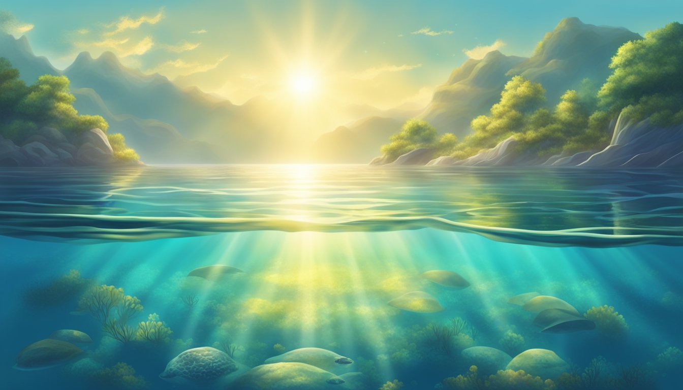 A serene underwater landscape with a shimmering ocean floor and rays of sunlight filtering through the water, casting a tranquil and otherworldly atmosphere