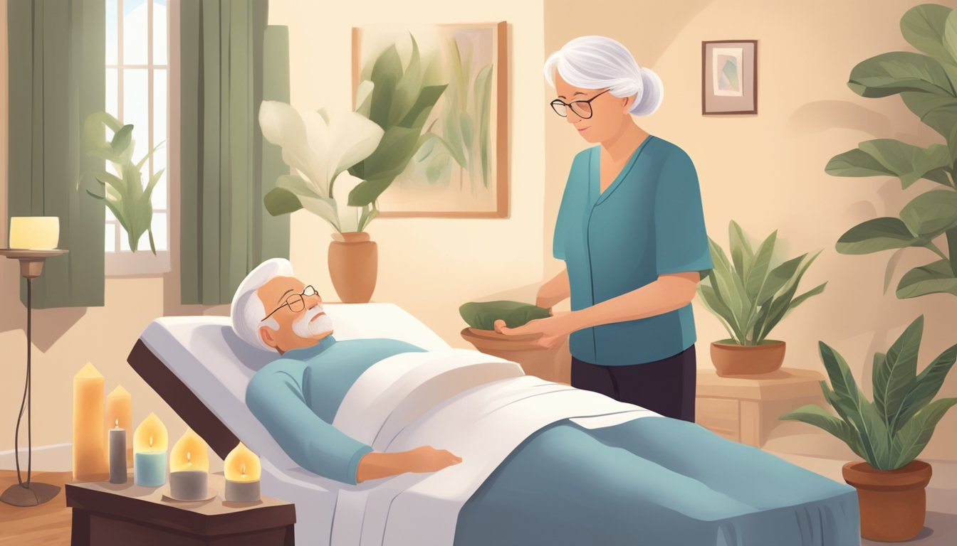 A serene elderly client receiving a gentle massage in the comfort of their home, surrounded by calming decor and soothing aromatherapy