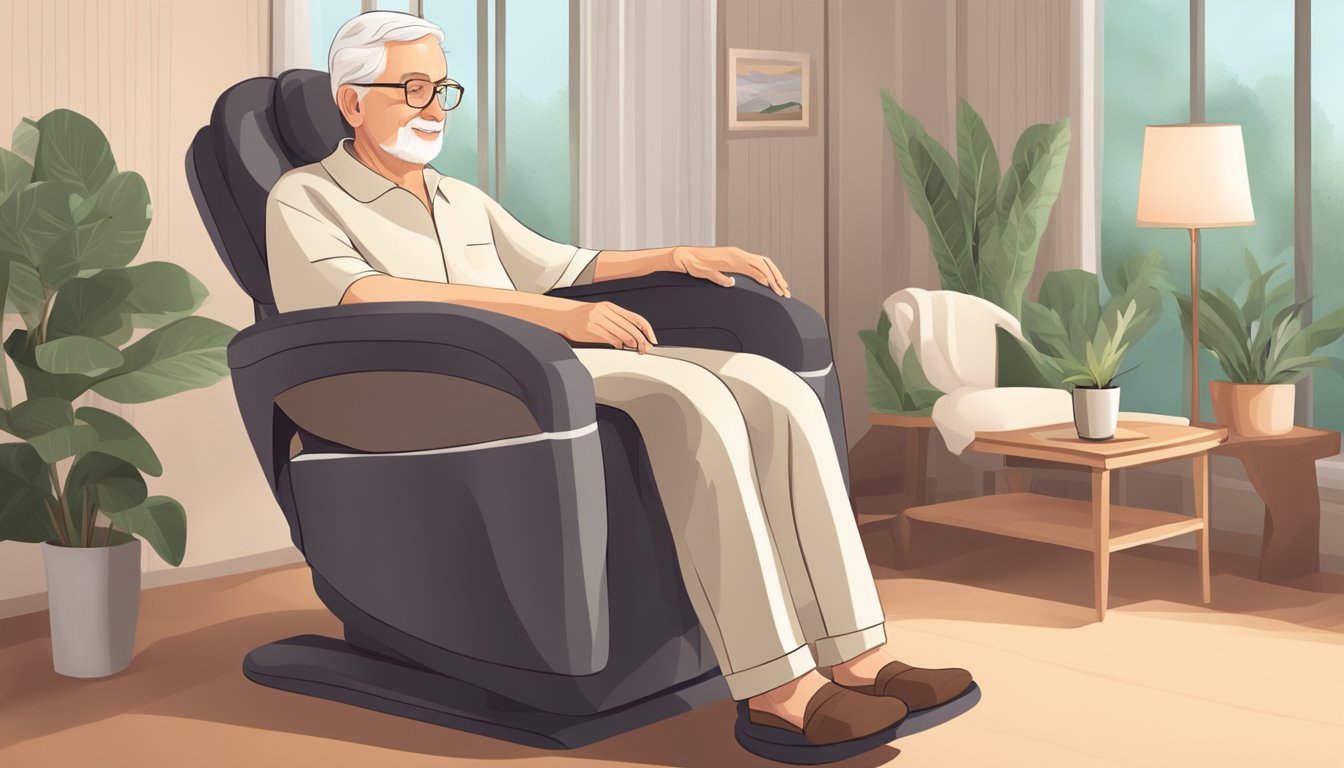 An elderly person sitting comfortably in a cozy chair as a massage therapist provides gentle, soothing massage, creating a sense of relaxation and well-being