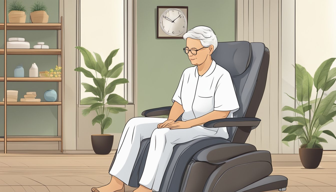 An elderly person sitting in a comfortable chair while a massage therapist uses gentle, soothing techniques to address common conditions such as arthritis or muscle stiffness