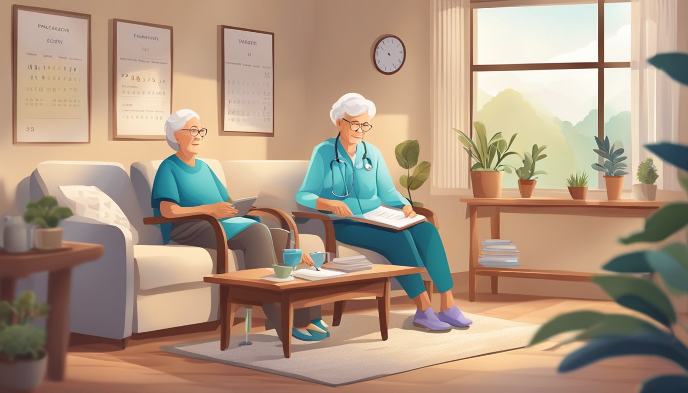 A cozy living room with medical equipment, a caregiver assisting an elderly person, and a calendar showing regular healthcare appointments