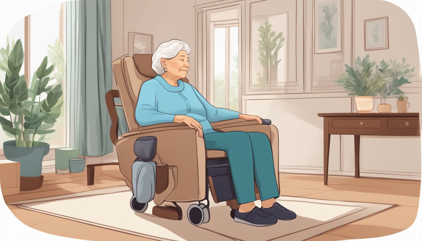 An elderly person sitting comfortably in a cozy chair while a caregiver administers a gentle massage to their shoulders and neck