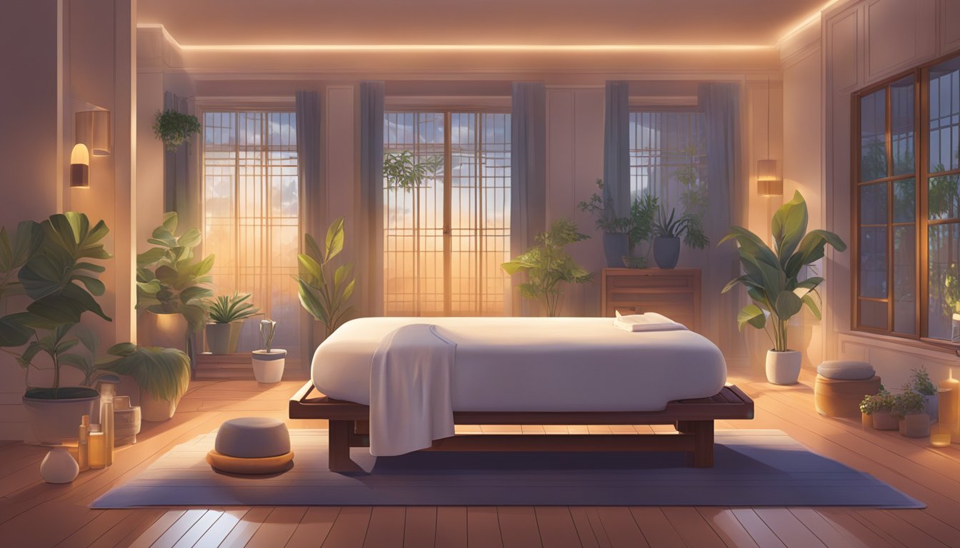 A serene, dimly lit room with a comfortable massage table, soft music playing, and essential oils diffusing in the air