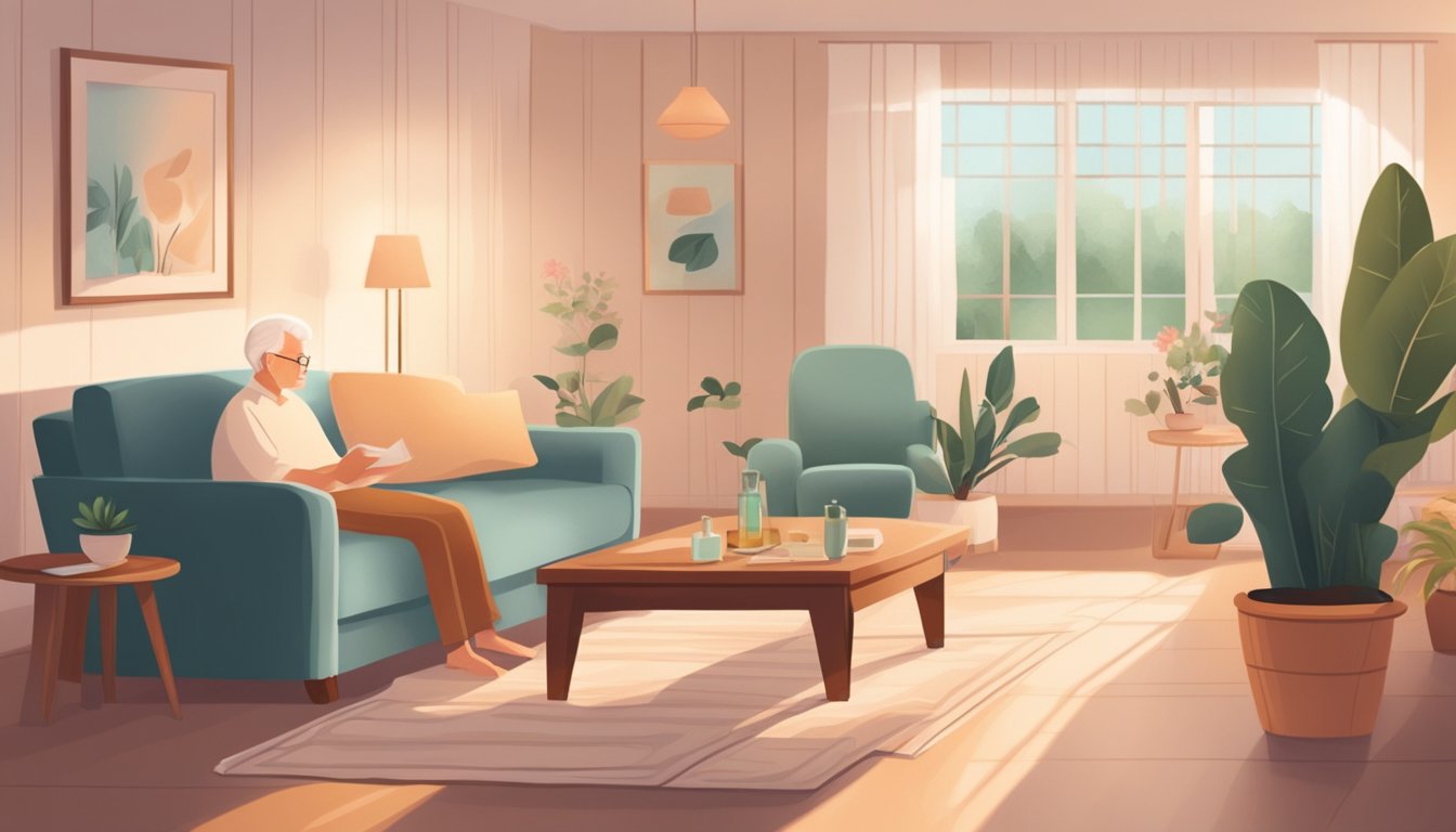 A serene living room with soft lighting and comfortable furniture, where an elderly person is receiving a gentle massage from a caregiver