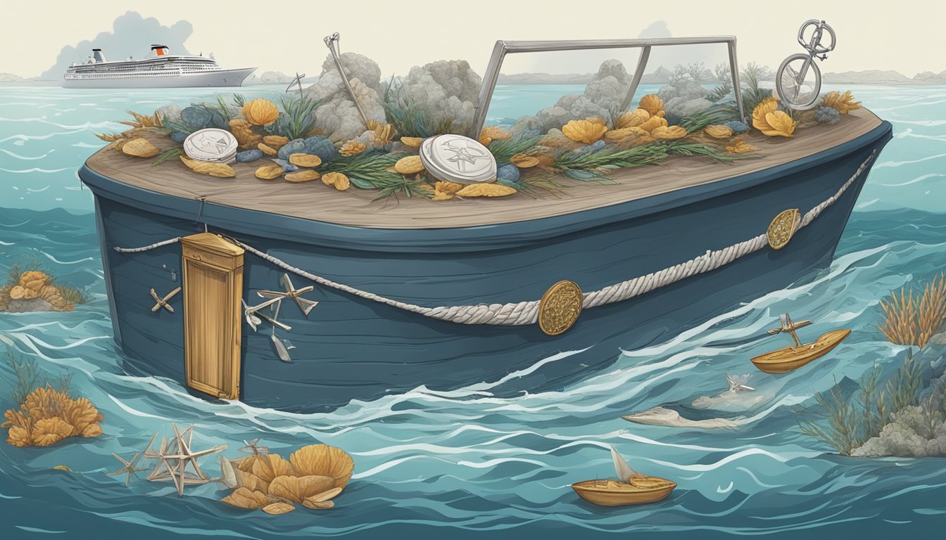 A modern burial at sea, with a biodegradable casket being gently lowered into the water, surrounded by traditional maritime symbols and offerings