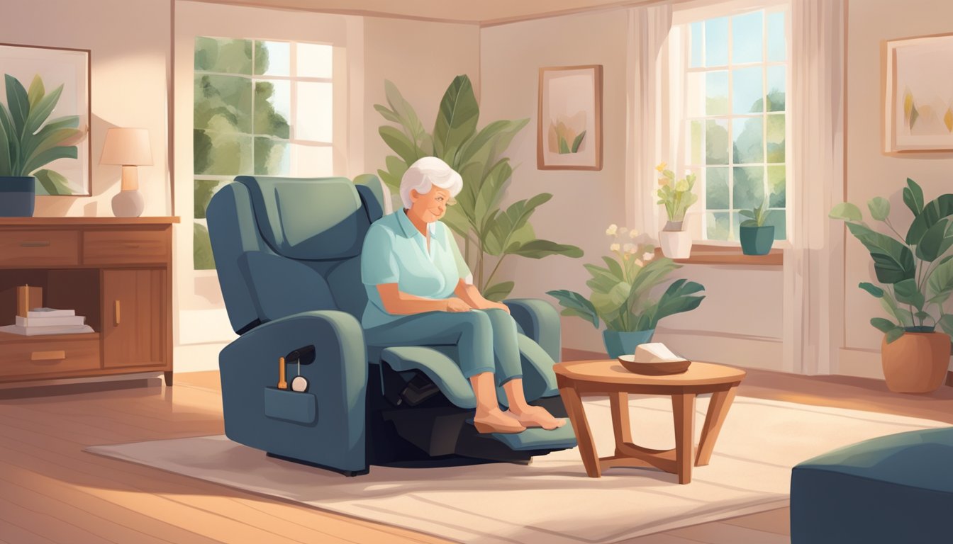 A serene living room with a comfortable recliner and soft lighting, where a senior is receiving a gentle massage from a caregiver