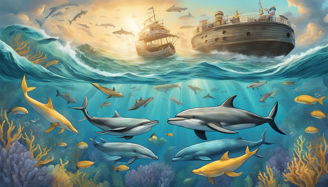 A school of fish swims around a sunken ship adorned with traditional maritime symbols, while a pod of dolphins playfully leap through the waves above