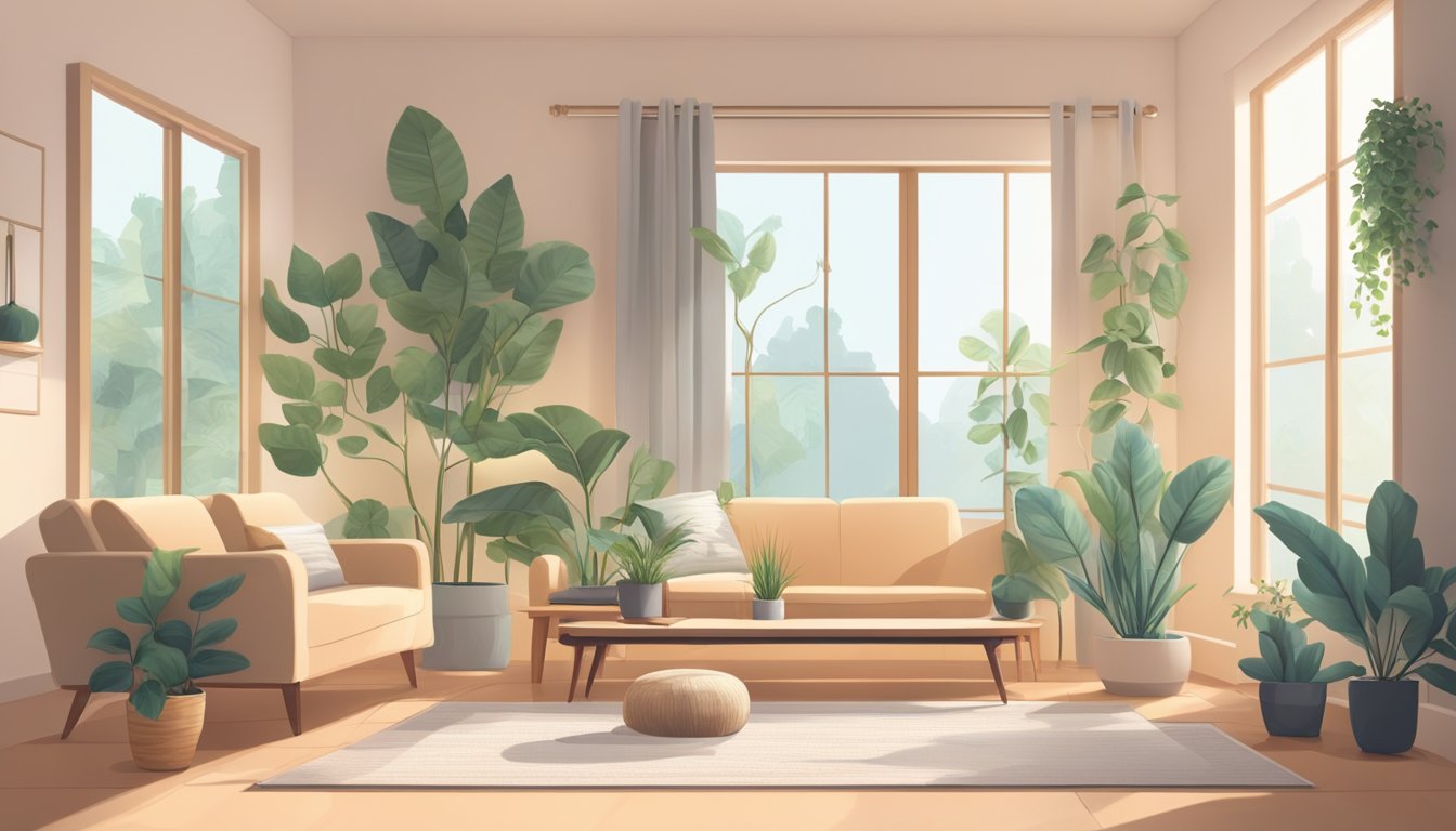 A serene living room with soft lighting, a comfortable chair, and a yoga mat laid out on the floor. A peaceful atmosphere with plants and calming decor