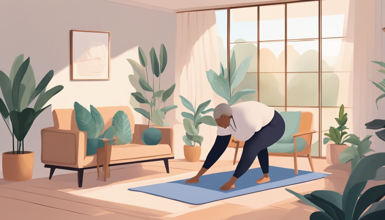 A serene living room with soft lighting, plants, and yoga mats set up for a meditation and yoga session. A caregiver gently guides an elderly person through a series of peaceful and calming movements