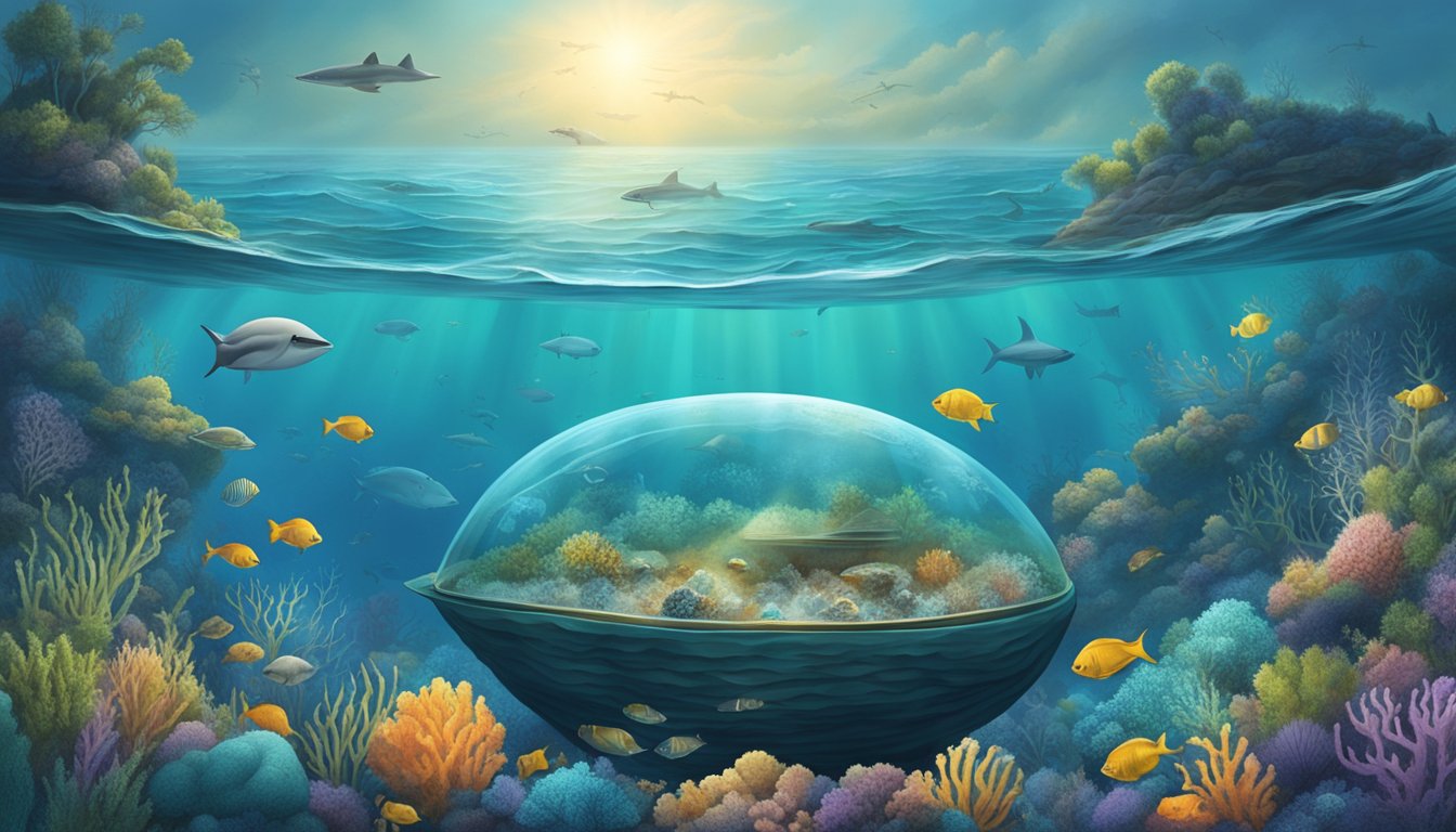 A serene ocean scene with a biodegradable burial pod sinking into the depths, surrounded by marine life and observed by oceanographers