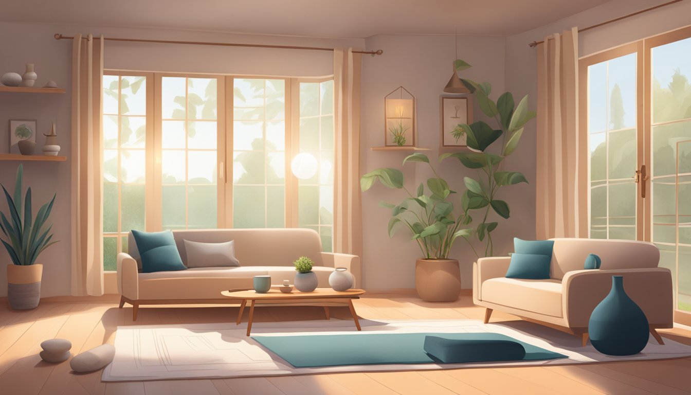 A serene living room with soft lighting, a yoga mat, and meditation cushions arranged in a peaceful setting