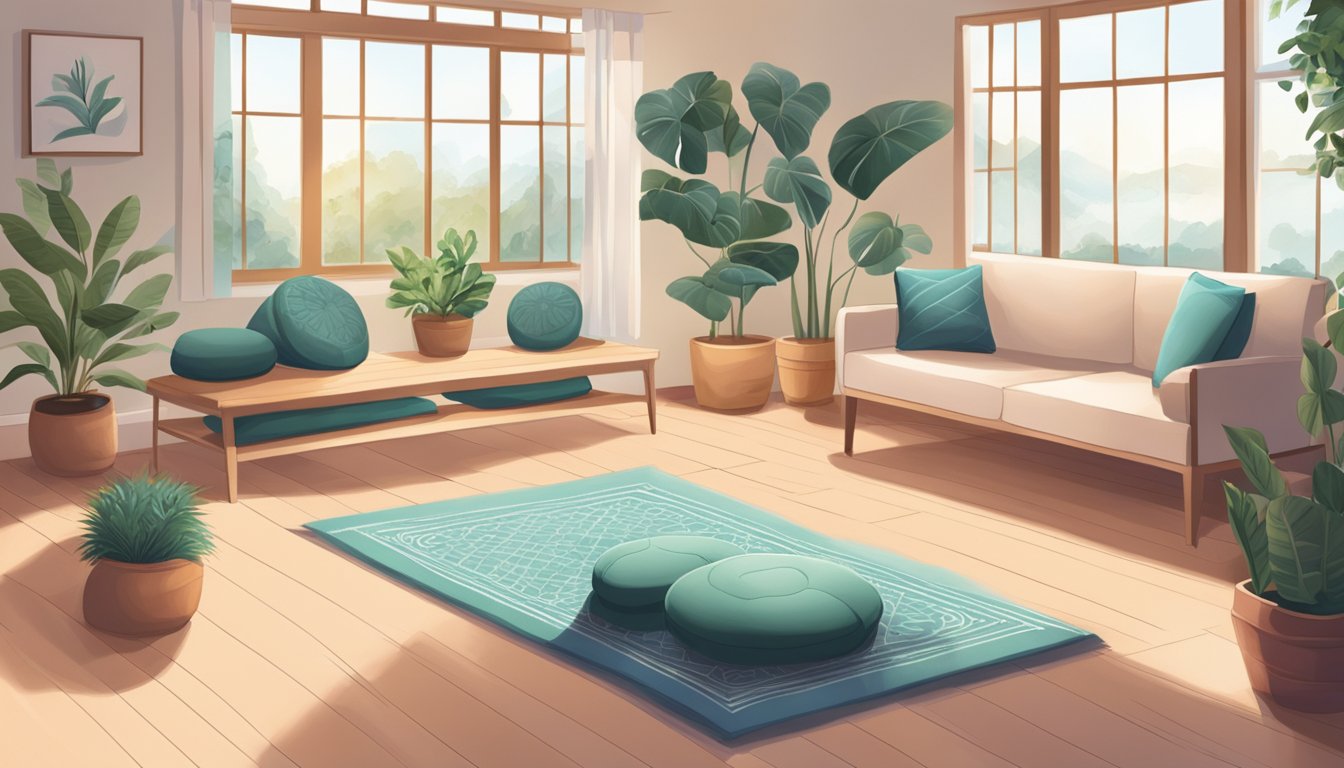 A peaceful living room with yoga mats, meditation cushions, and soft lighting, surrounded by potted plants and calming artwork