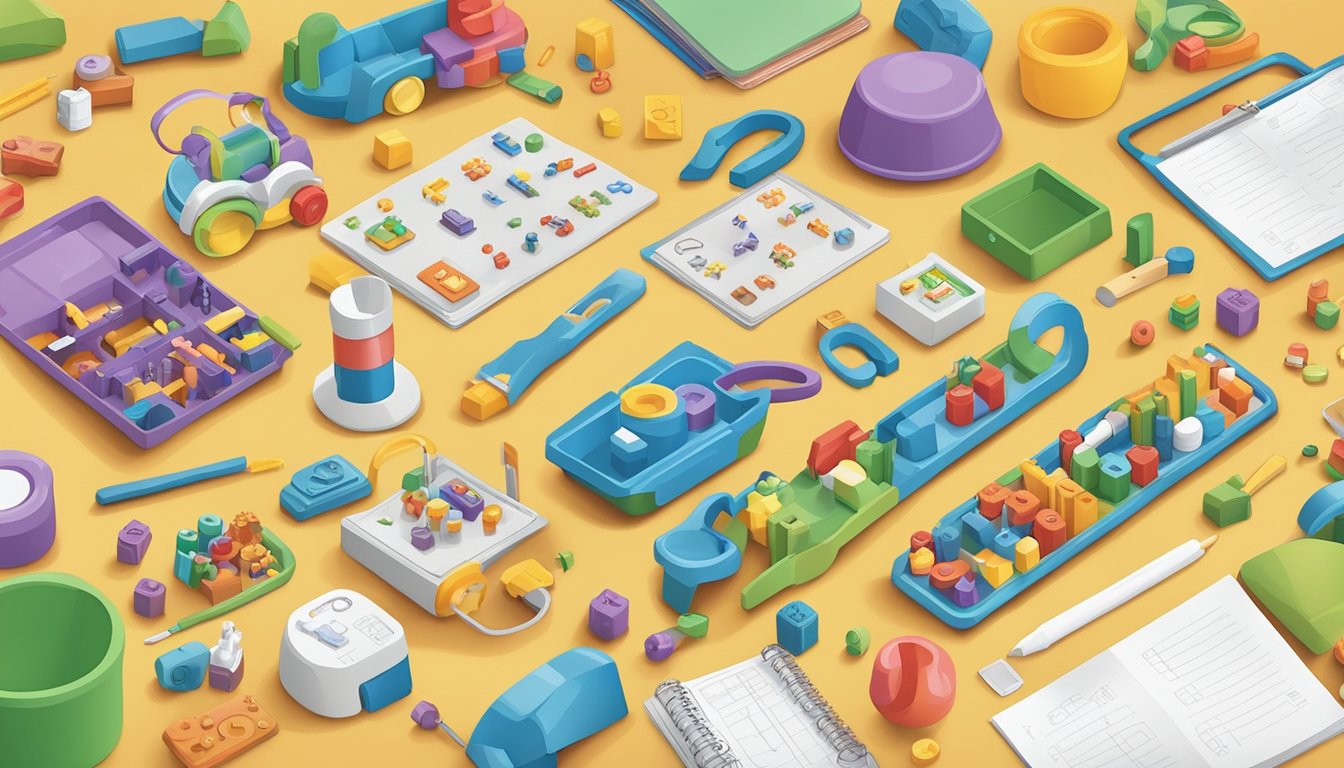 A variety of toys and activities spread out on a table, representing different age groups, with speech therapy exercises being demonstrated