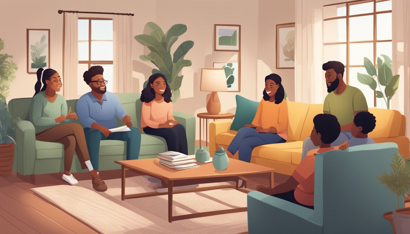 A group of diverse individuals engage in conversation while practicing speech therapy exercises in a cozy living room setting