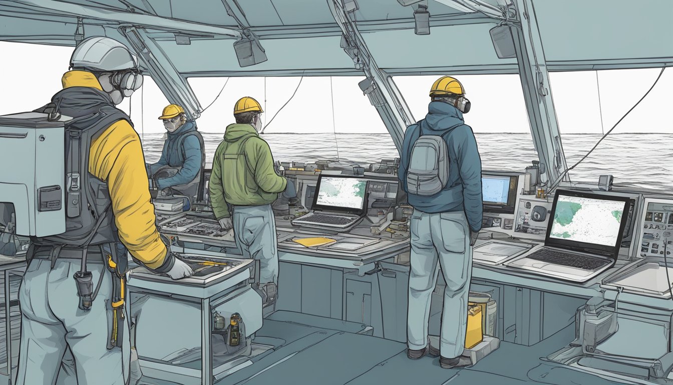 Oceanographers on a research vessel, using sonar and sampling equipment to monitor the impact of water burials on marine ecosystems in the North Atlantic