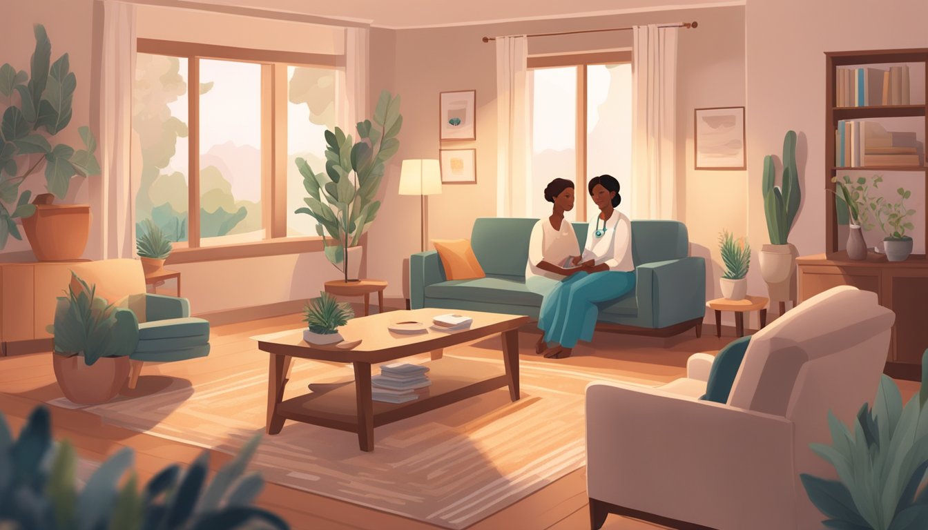 A cozy living room with soft lighting, comfortable furniture, and serene decor. A hospice nurse sits with a family, providing compassionate care and support