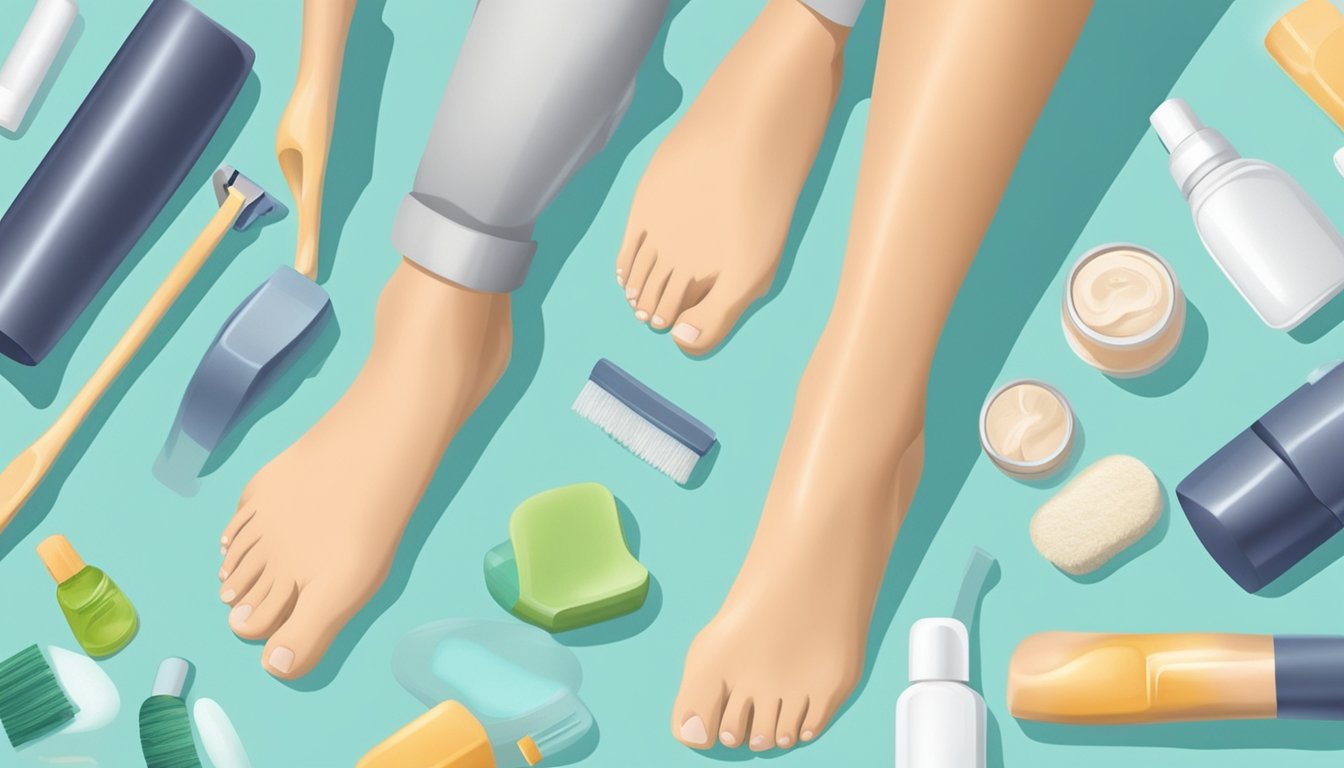 A caregiver carefully inspecting and cleaning a pair of feet, surrounded by various foot care tools and products on a clean, well-lit surface