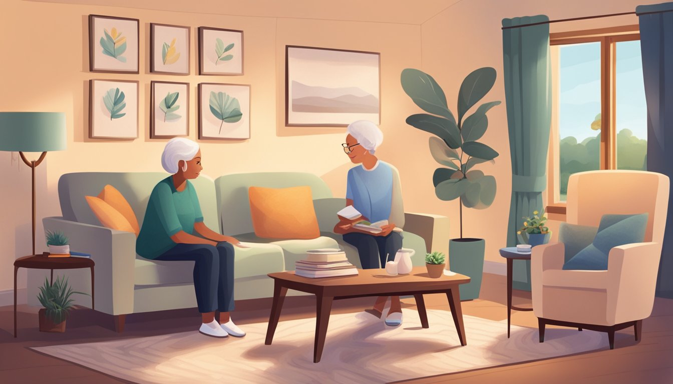 A cozy living room with soft lighting, comfortable furniture, and a peaceful atmosphere. A caregiver provides gentle support to a patient, surrounded by comforting decor and personal mementos