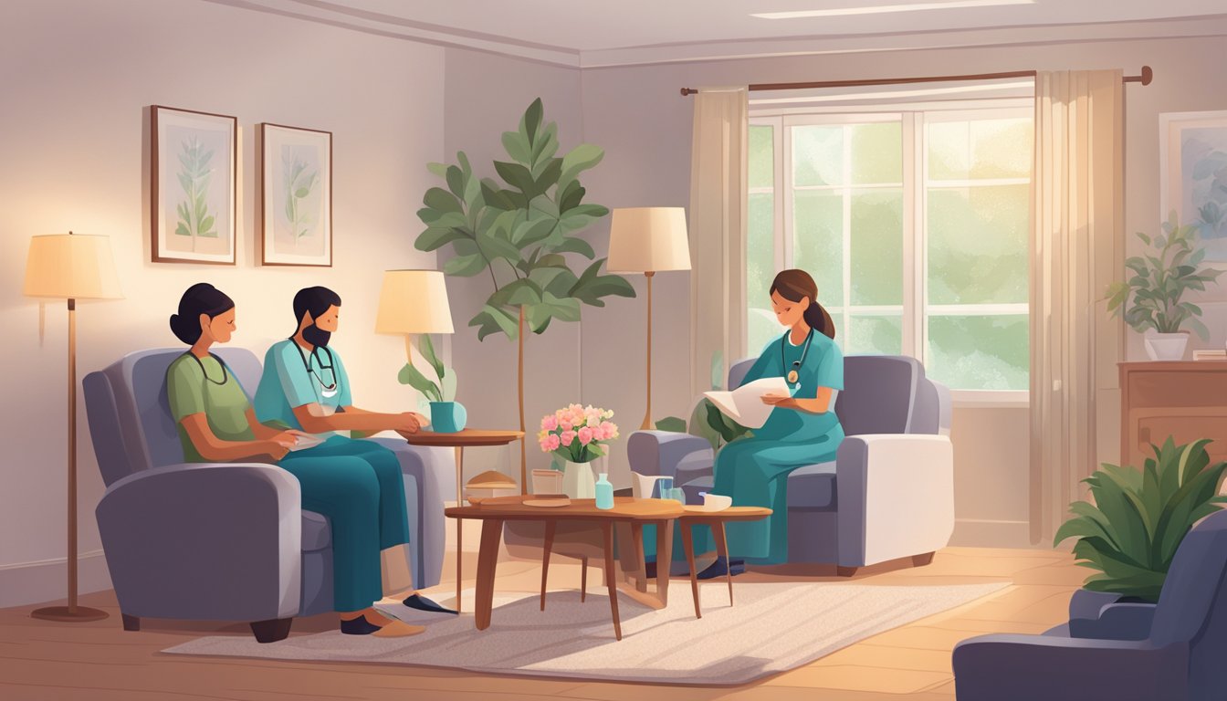 A cozy living room with a comfortable recliner, soft lighting, and a small table with a vase of flowers. A caregiver is tending to a patient in the recliner while a nurse reviews a care plan