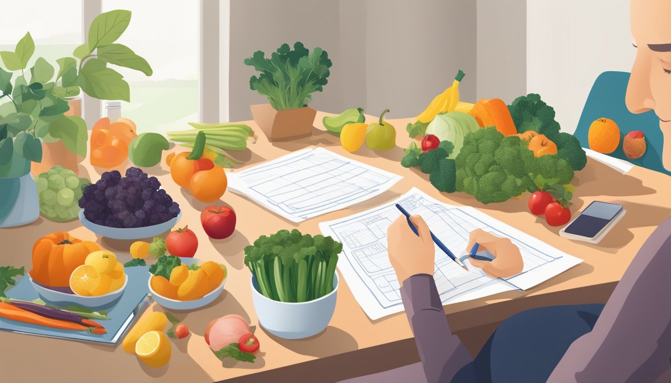 A home care setting with a table filled with various fruits, vegetables, and nutritional supplements. A nutritionist is reviewing charts and writing notes