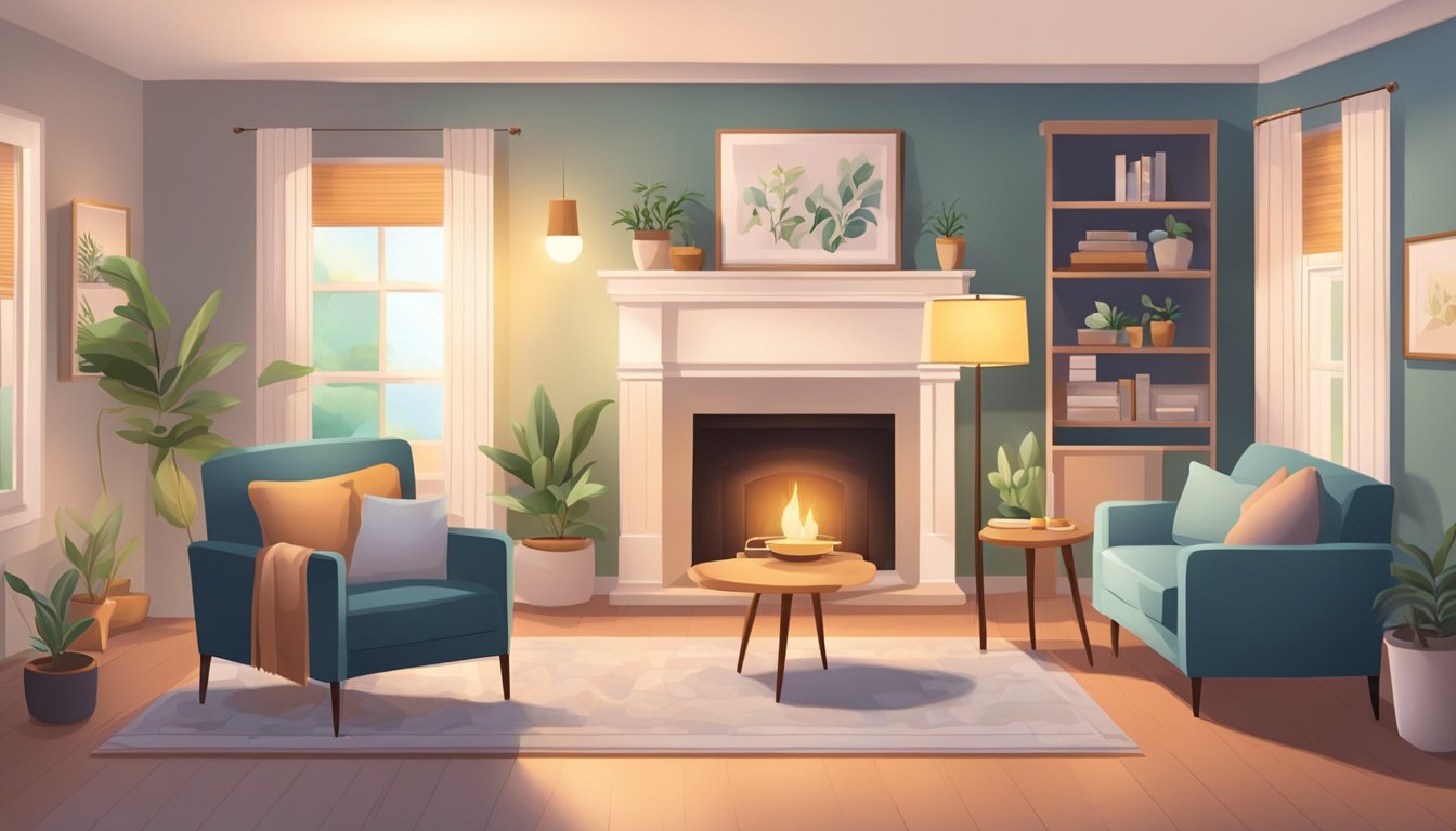 A cozy living room with soft lighting, comfortable furniture, and a peaceful atmosphere. A hospice care team interacts with a patient and their family, providing support and comfort